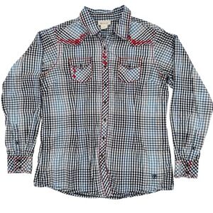 Ariat Western Blue‎ Plaid Button Up Shirt Womens LRG Long Sleeve Embroidered